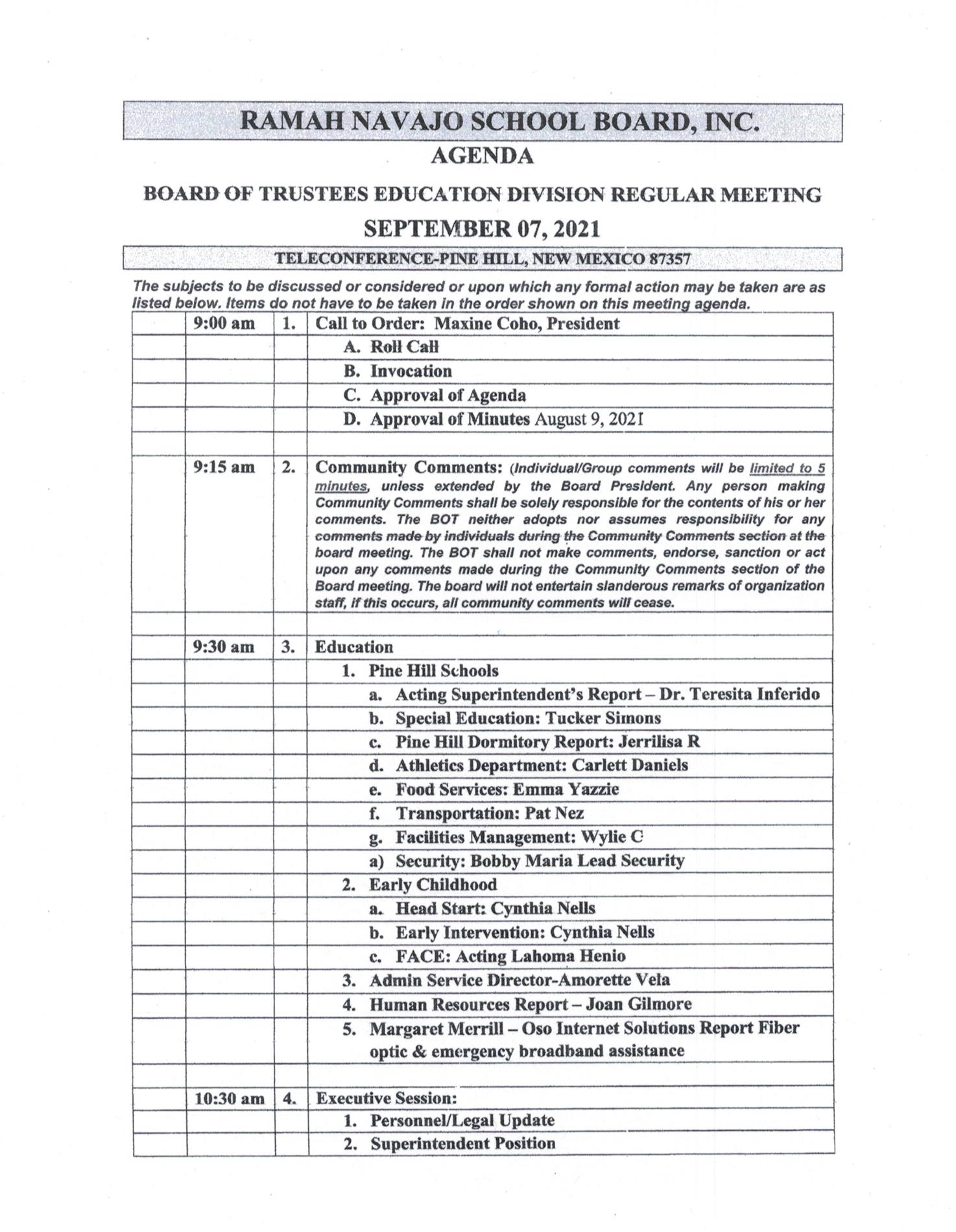 Ramah Navajo School Board Meeting Agenda