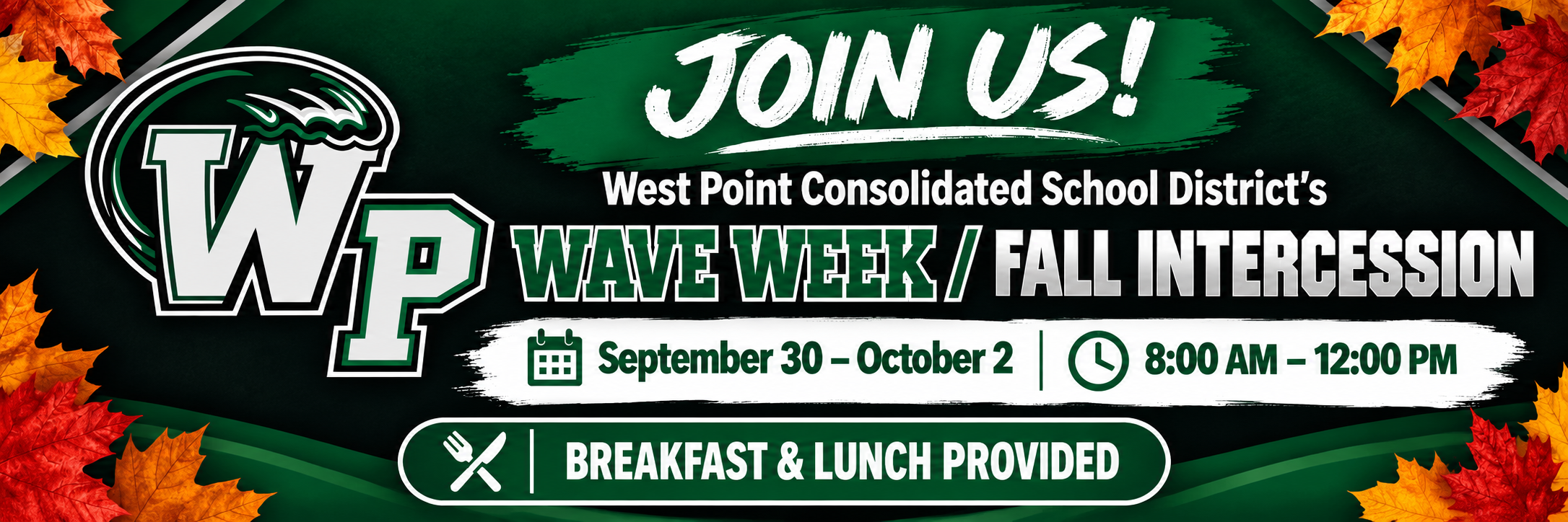 WPCSD WAVE Week Fall Intersession flyer announcing September 30 through October 2 from 8:00 a.m. to 12:00 p.m., with breakfast and lunch provided.