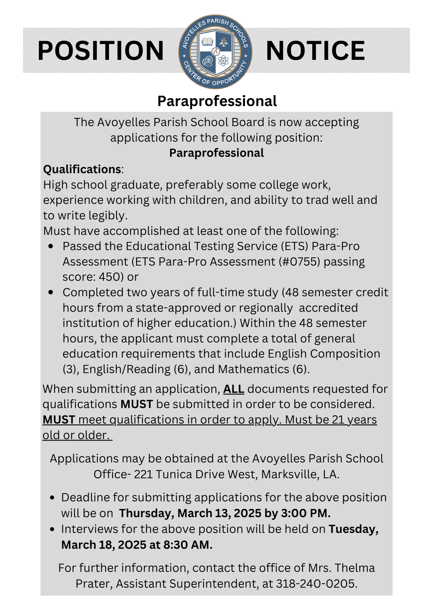 Paraprofessional Vacancy