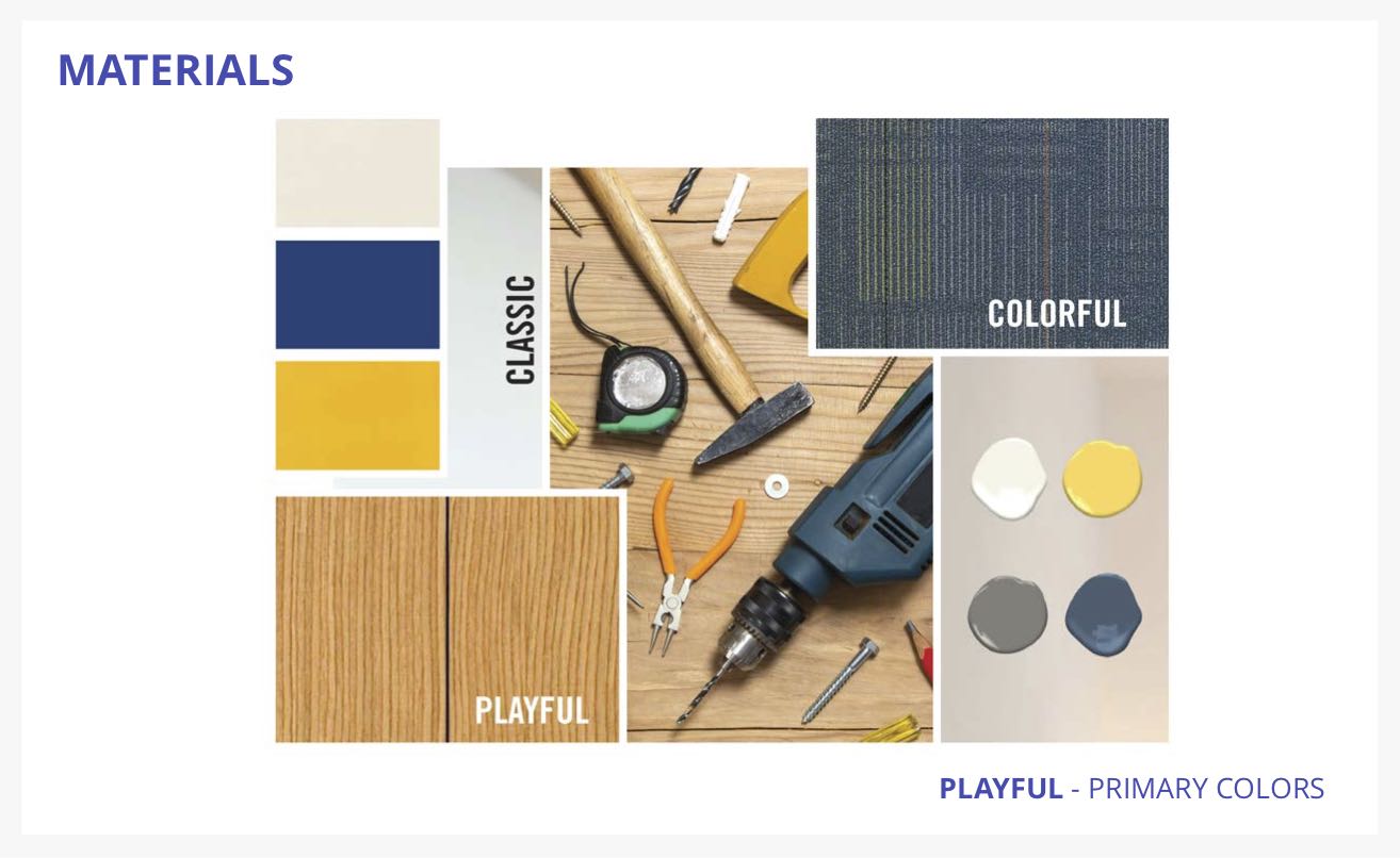 New Middle School Interior Materials - Classic, Playful, Colorful - colors range in golds, grays, blues, and white, with wooden accents.