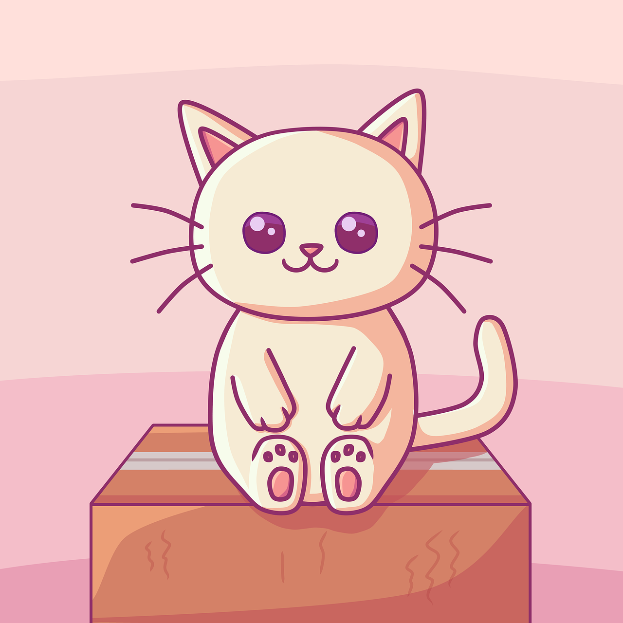 illustration of cute cat sitting on sealed cardboard box