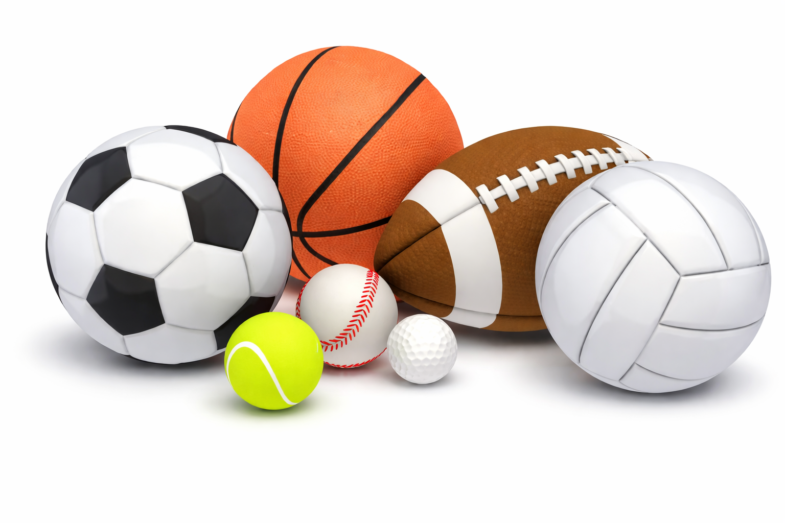 Assorted sports balls representing school athletics.