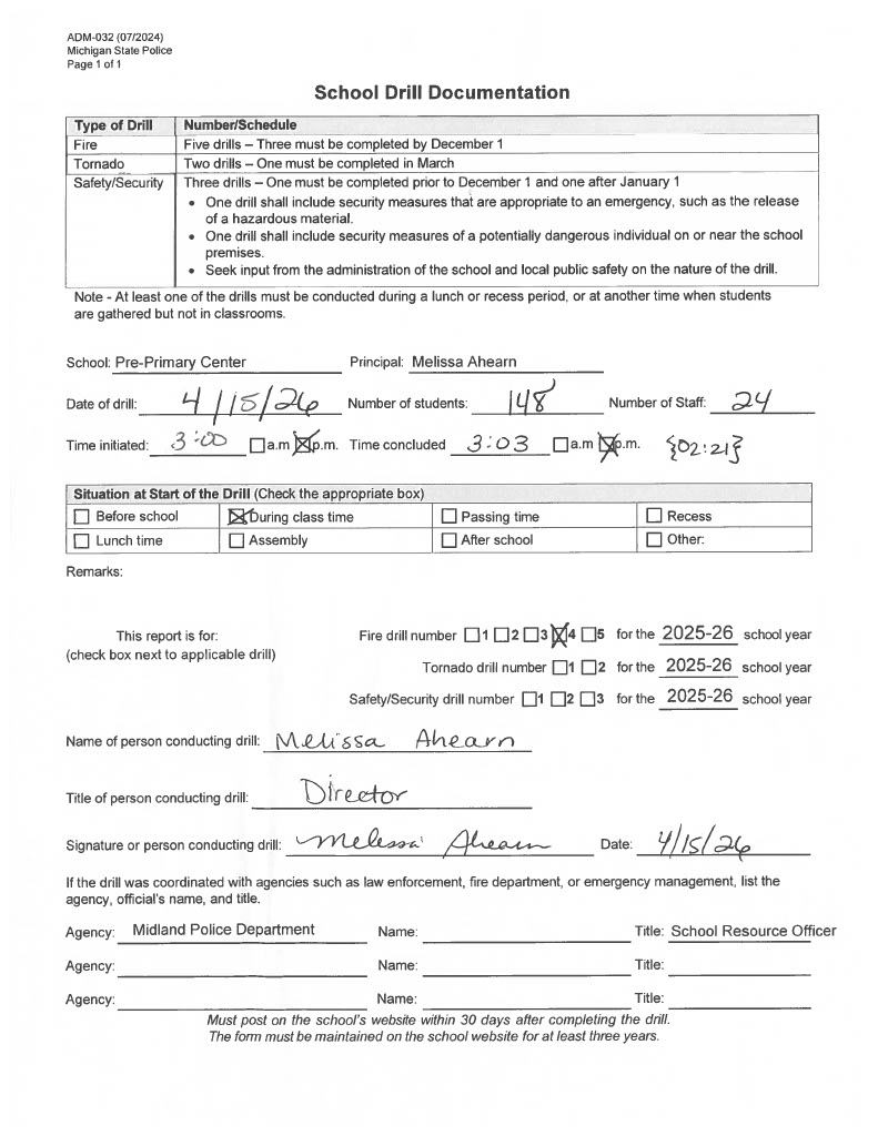 Form for Carpenter Pre-Primary fire drill of 2025-2026
