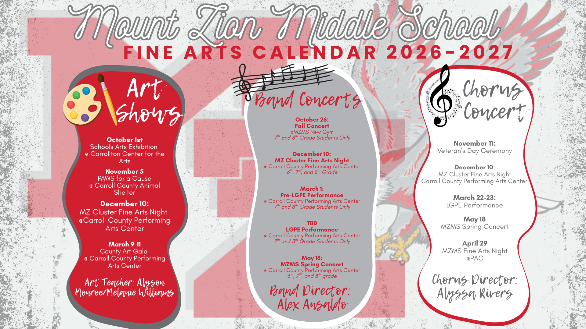 The image shows a website editor displaying the Mount Zion Middle School Fine Arts Calendar for 2026–2027.Here is the breakdown of the scheduled events, organized by program department:🎨 Art ShowsOctober 1: Schools Arts Exhibition (Carrollton Center for the Arts)November 5: NWIS for a Cause (Carroll County Animal Shelter)December 10: MZ Cluster Fine Arts Night (Carroll County Performing Arts Center)March 9–11: County Art Gala (Carroll County Performing Arts Center)Art Teachers: Alyson Monroe & Melanie Williams🎺 Band ConcertsOctober 20: Fall Concert (MZHS Gym)December 10: MZ Cluster Fine Arts Night (Carroll County Performing Arts Center)March 1: Pre-LGPE Performance (Carroll County Performing Arts Center)March 17: LGPE Performance (Carroll County Performing Arts Center)May 19: MZMS Spring Concert (Carroll County Performing Arts Center)Band Director: Alex Ansable🎤 Chorus ConcertsNovember 11: Veteran's Day Ceremony (MZMS Gym)December 10: MZ Cluster Fine Arts Night (Carroll County Performing Arts Center)March 22–23: LGPE PerformanceMay 18: MZMS Spring ConcertApril 29: MZMS Fine Arts Night (at PAC)Chorus Director: Alyssa Rivers