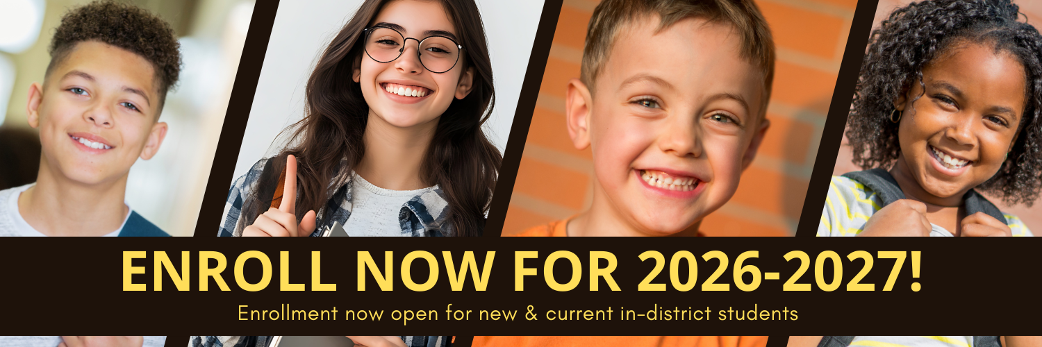 Four types of students are shown on a banner that says Enroll now for 2026-2027