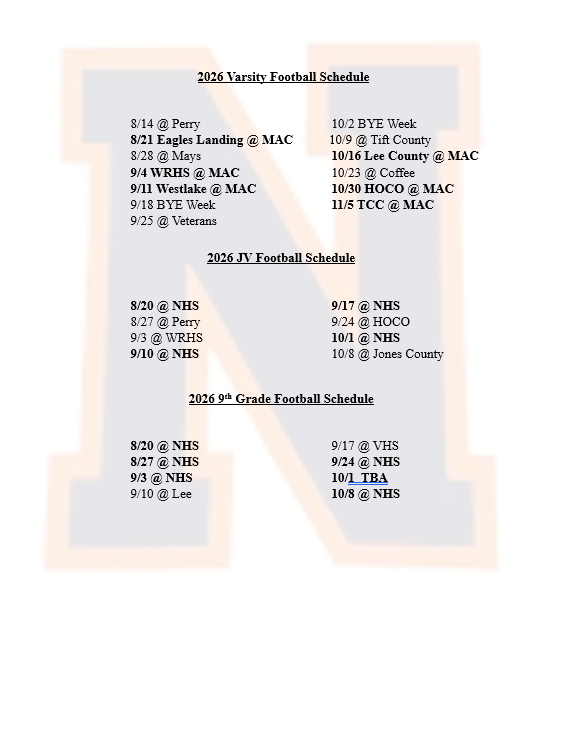2026 NHS Football Schedule - all levels