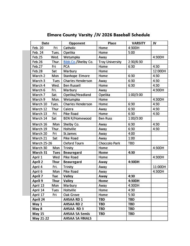 2026 Varsity Schedule