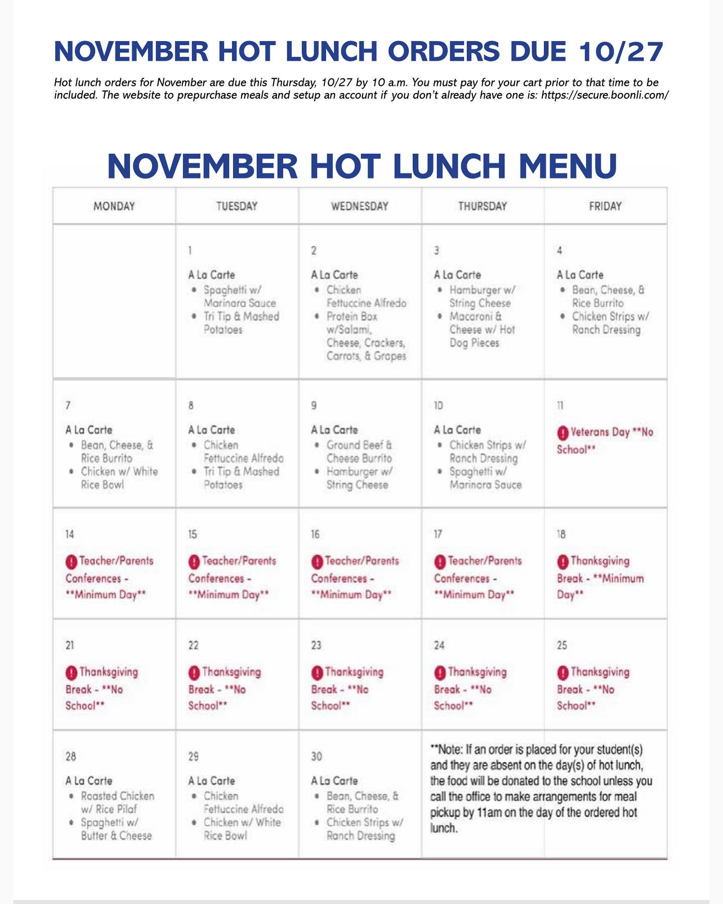 November Hot Lunch Menu