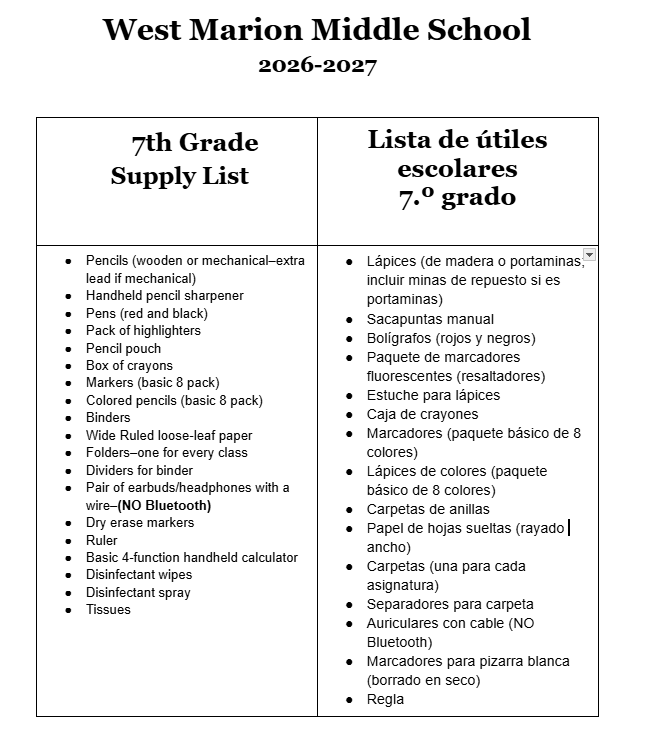 7th grade supply list