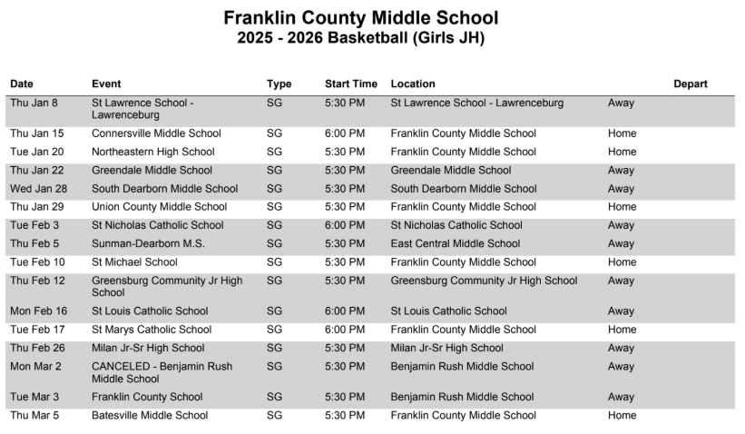 2026 Girls JH Basketball Schedule