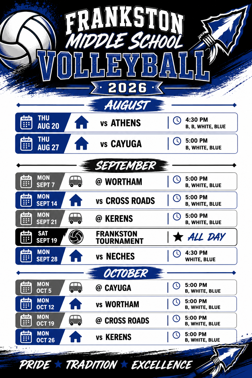 Frankston Middle School 2026 volleyball schedule poster in blue, white, black, and gray. The top features a volleyball, an arrowhead mascot, and the title “Frankston Middle School Volleyball 2026.” The schedule lists home and away games for August, September, and October. August games are Aug. 20 vs. Athens at 4:30 p.m. and Aug. 27 vs. Cayuga at 5:00 p.m. September includes games at Wortham, vs. Cross Roads, at Kerens, the Frankston Tournament on Sept. 19, and vs. Neches. October includes games at Cayuga, vs. Wortham, at Cross Roads, and vs. Kerens. Home and away games are indicated with house and bus icons, and the Frankston Tournament is marked as an all-day event. The poster ends with the slogan “Pride • Tradition • Excellence.”