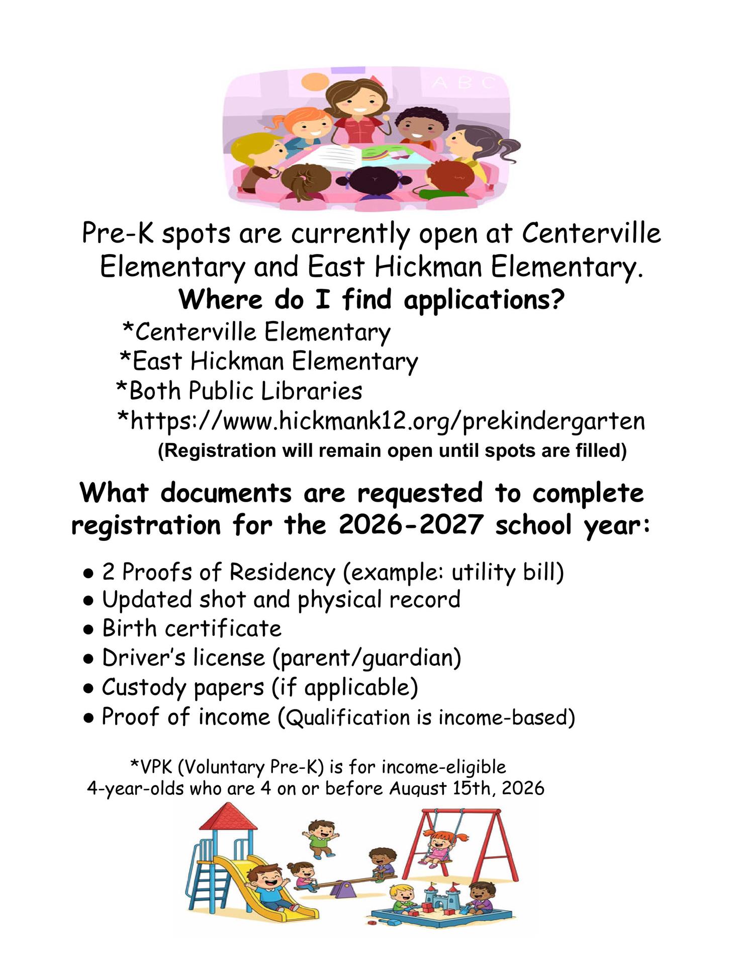 Pre K spot openings information