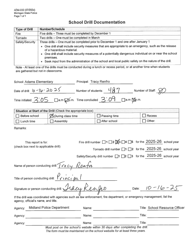 Form for Adams Elementary's third fire drill of 2025-2026