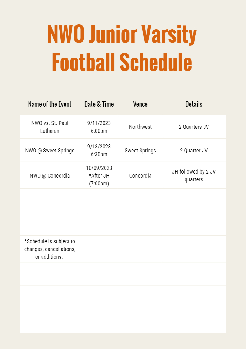 JV Football Schedule