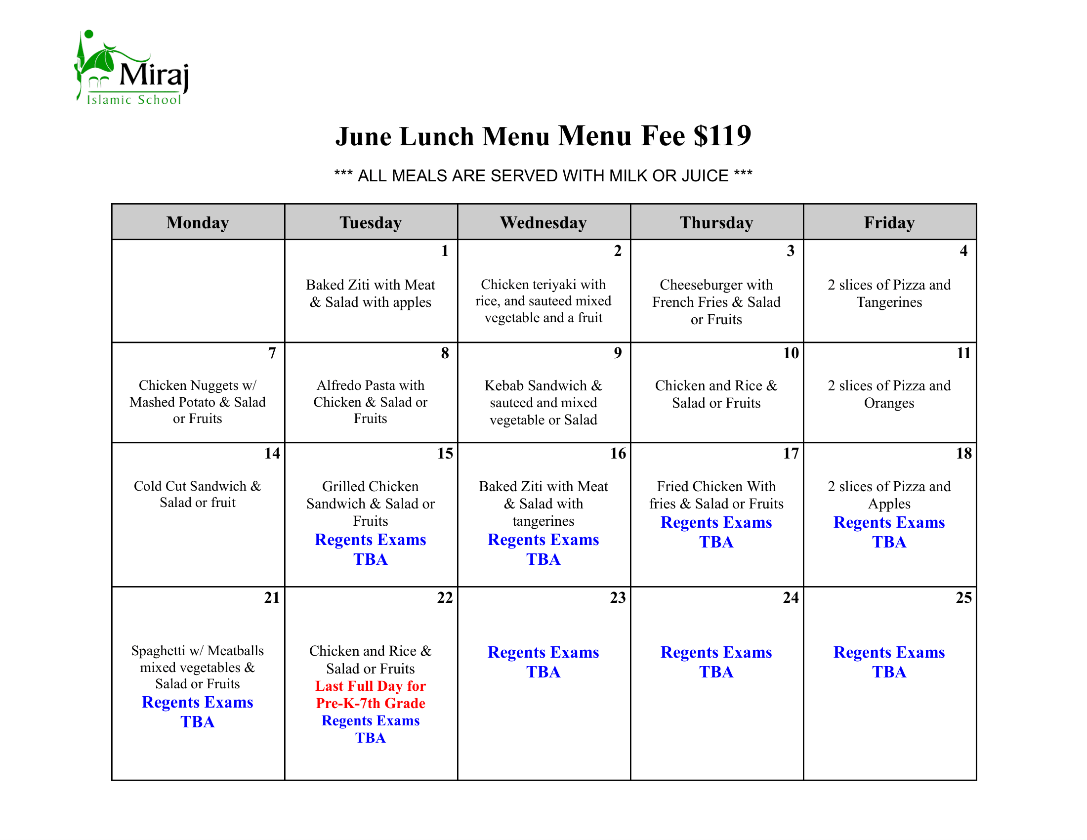 June Lunch Menu