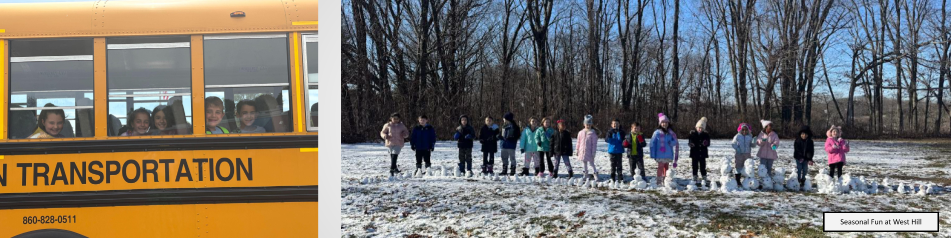 Group of students riding the bus and another group posing in front of their mini snowmen