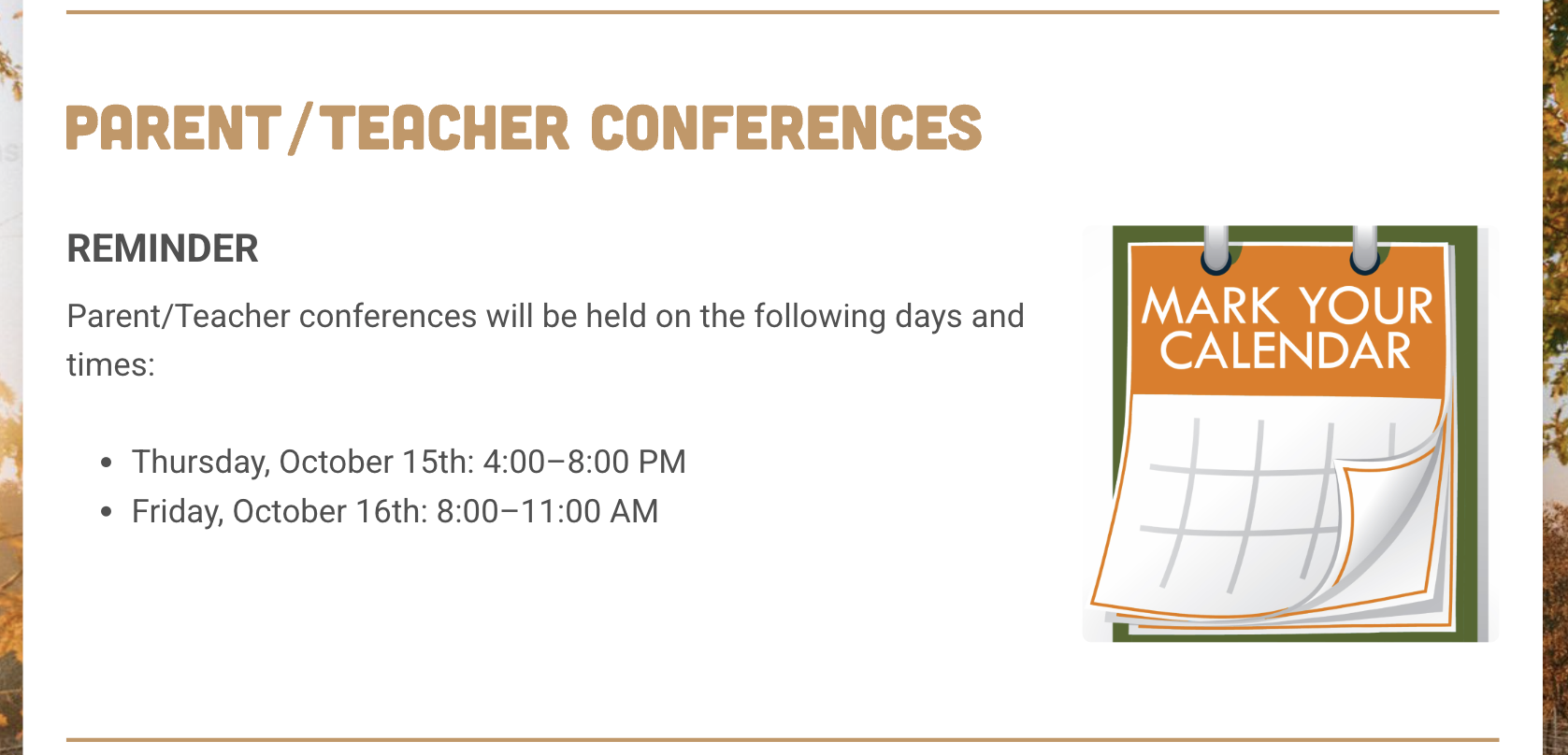 parent teacher conferences October 15-16