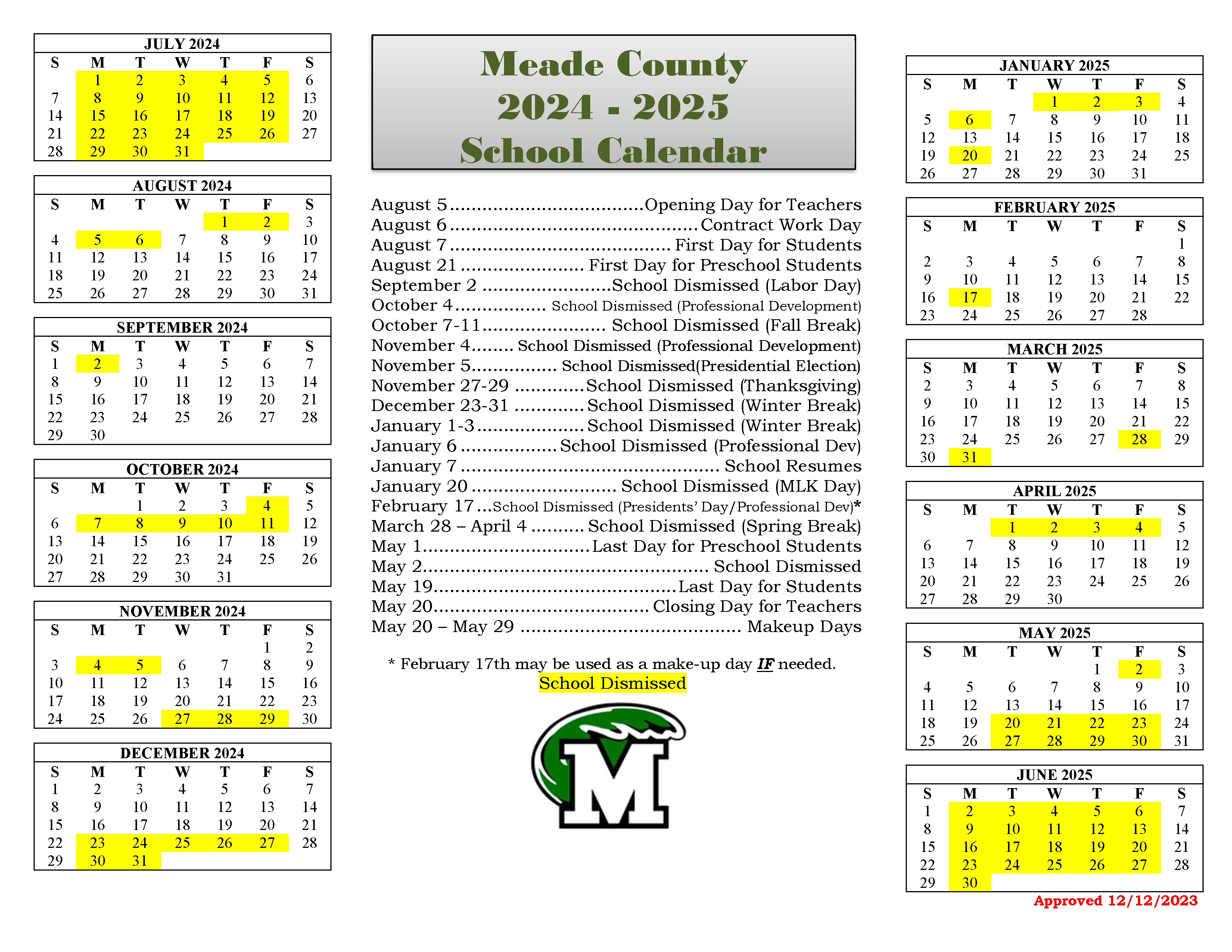 2024-2025 Approved School Calendar
