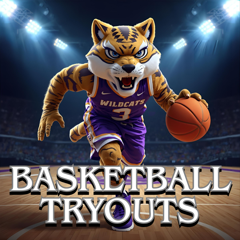 wildcat mascot running with a basketball. Text says basketball tryouts