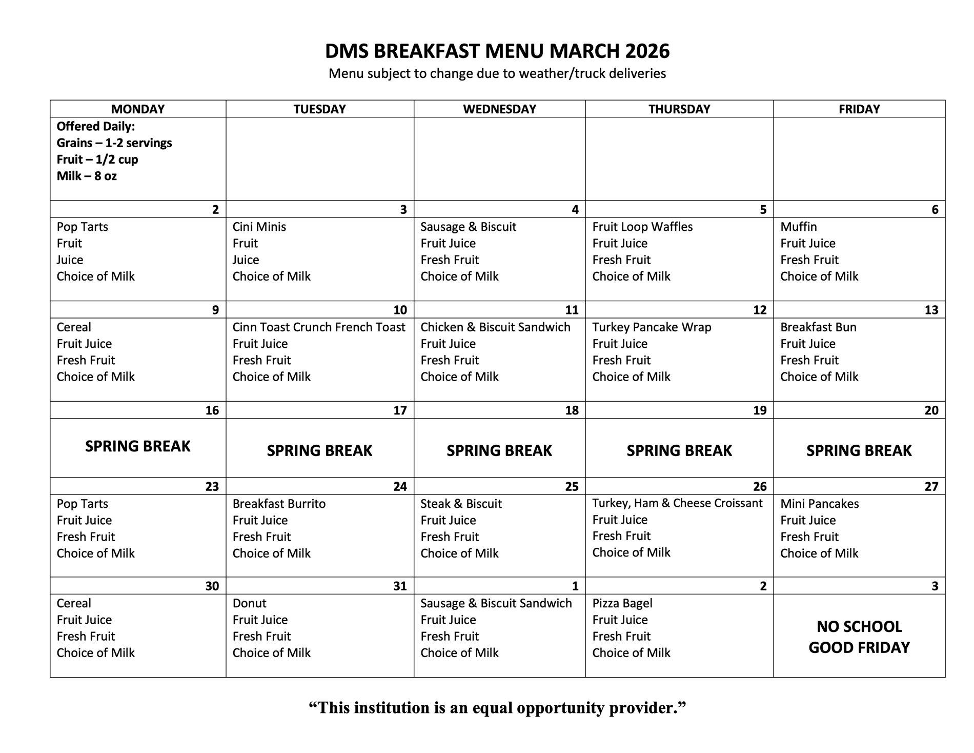 March Breakfast Menu