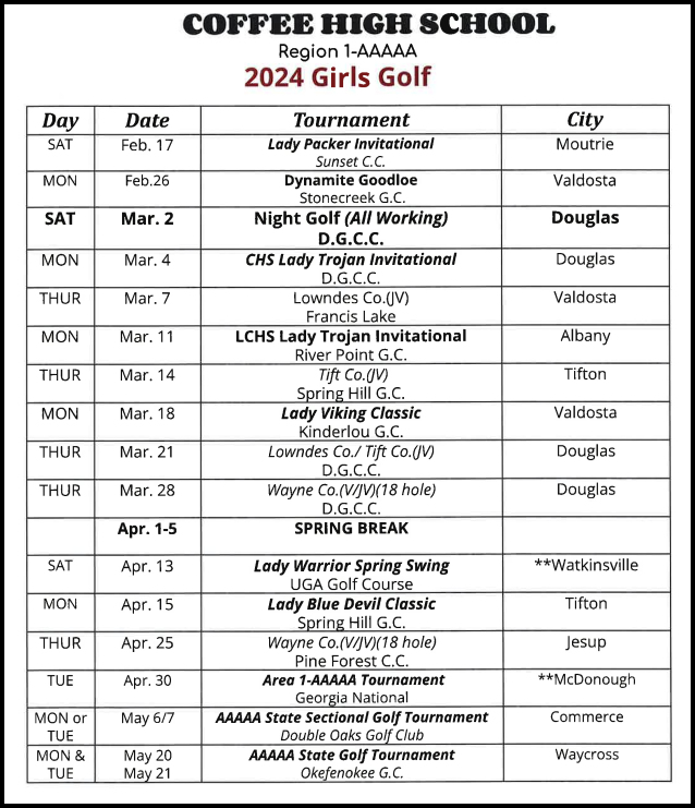 2024 CHS Varsity Girls Golf Schedule