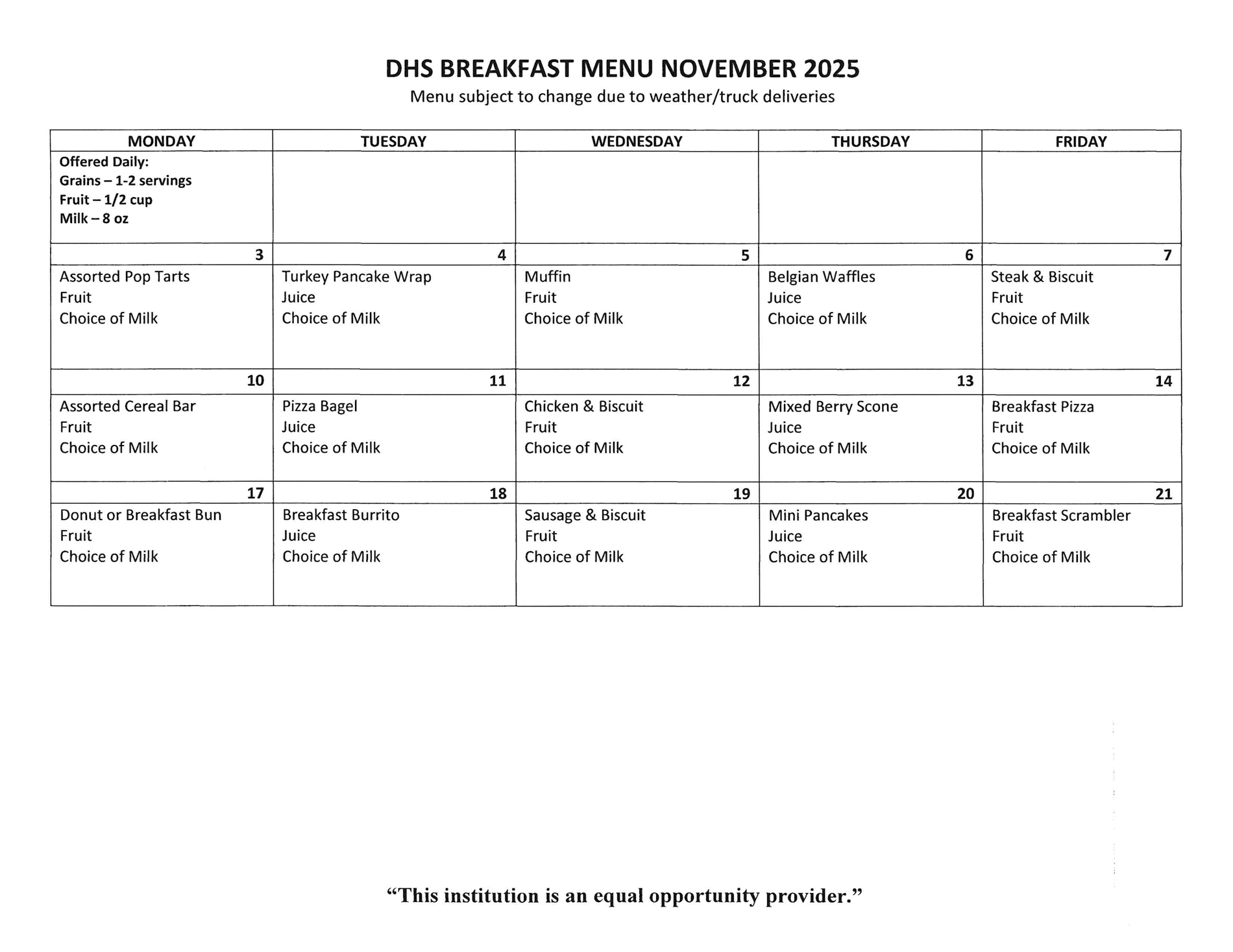 DHS Breakfast Menu
