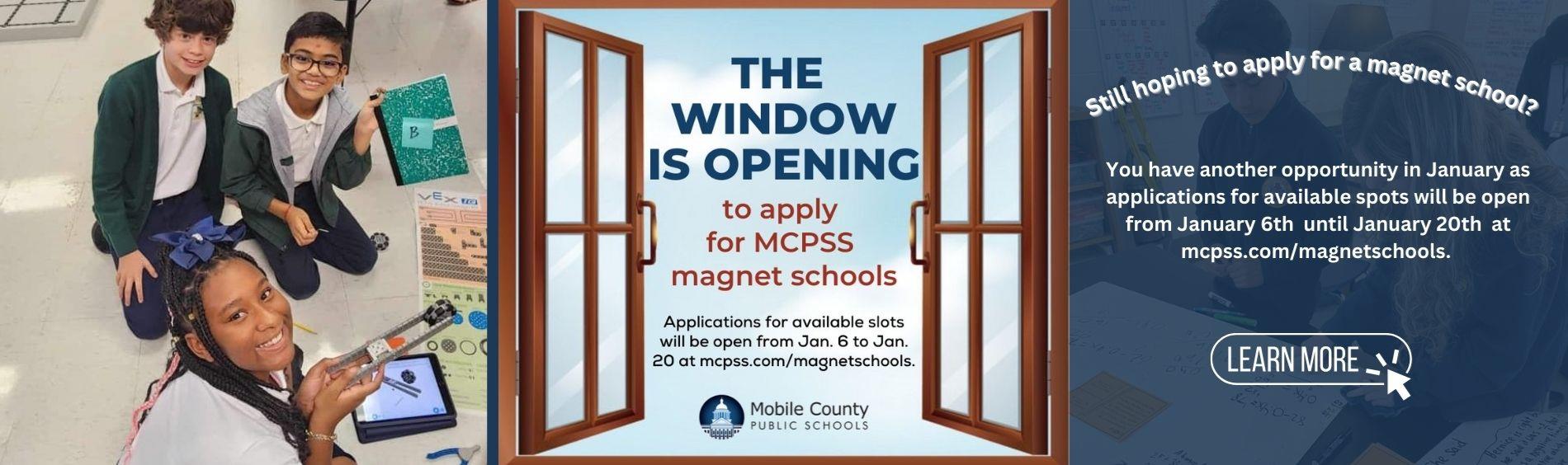 Still hoping to apply for a magnet school? You have another opportunity in January, as applications for available spots will be open from Jan. 6 until Jan. 20 at mcpss.com/magnetschools. 