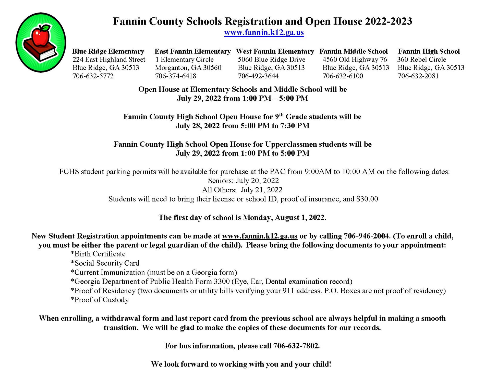 Fannin County Schools Registration and Open House 2022-2023
