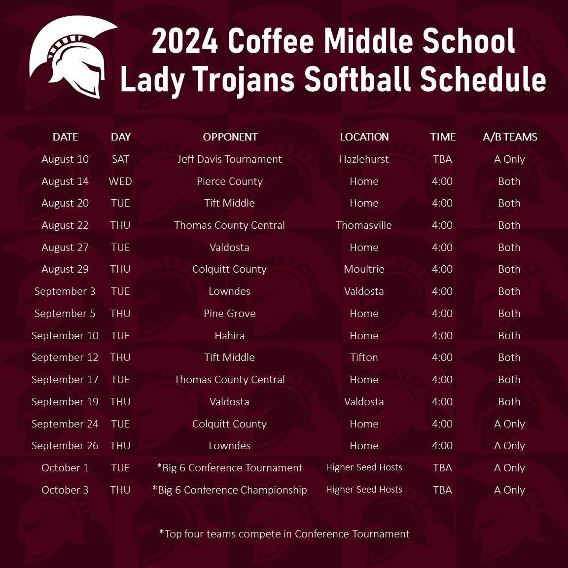 2024 Coffee Middle School Lady Trojans Softball Schedule