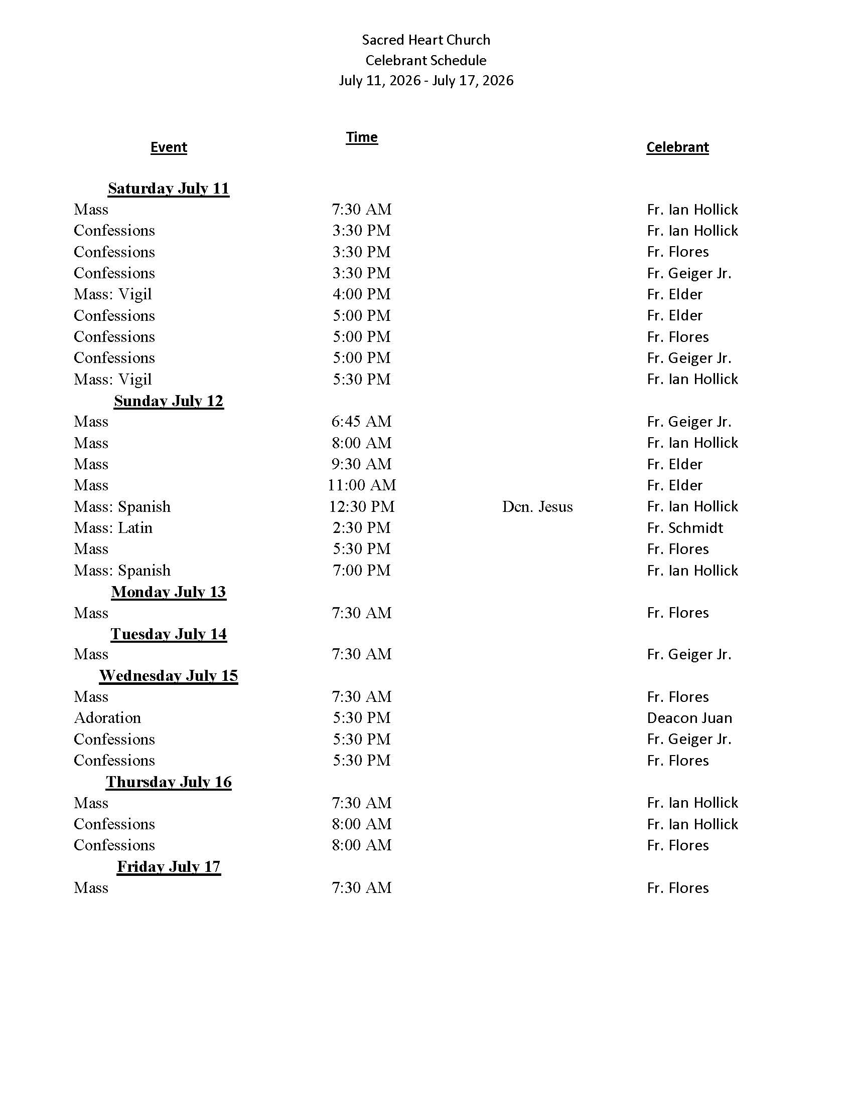 celebrant schedule