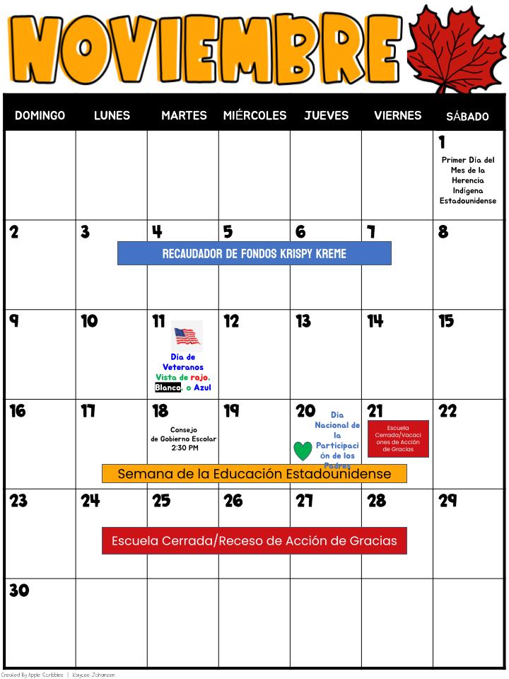 NOVEMBER SCHOOL CALENDAR (SPANISH FLYER)