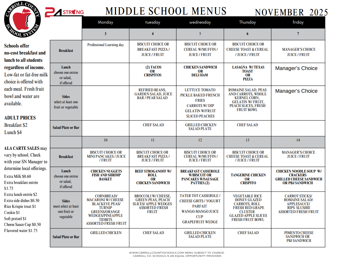 November Lunch Menu