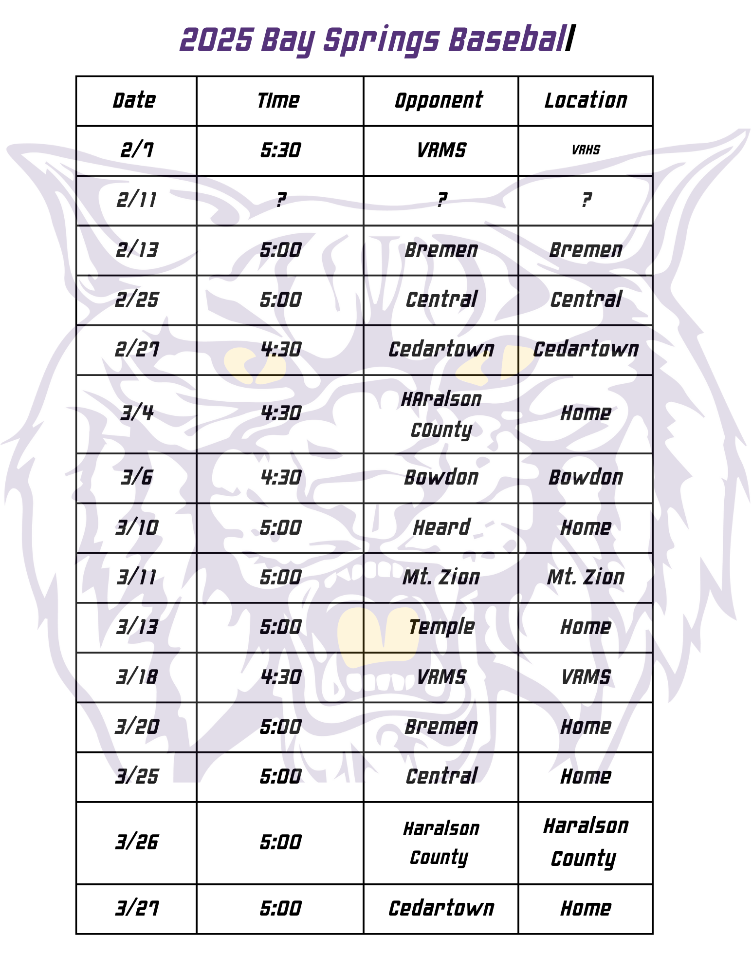 Bay Springs Baseball Schedule 2025