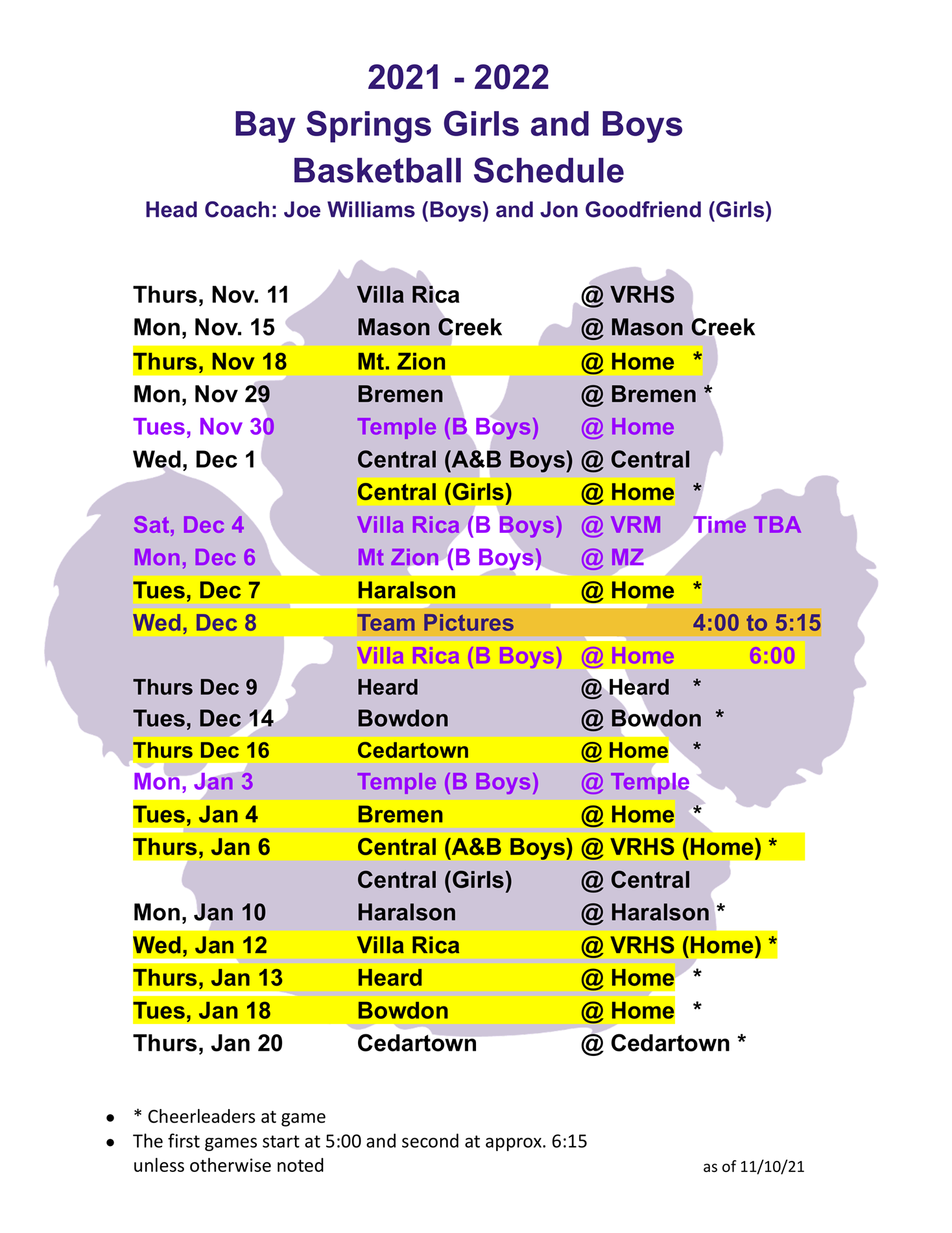 Girls and boys BB Schedule Girls and boys BB Schedule