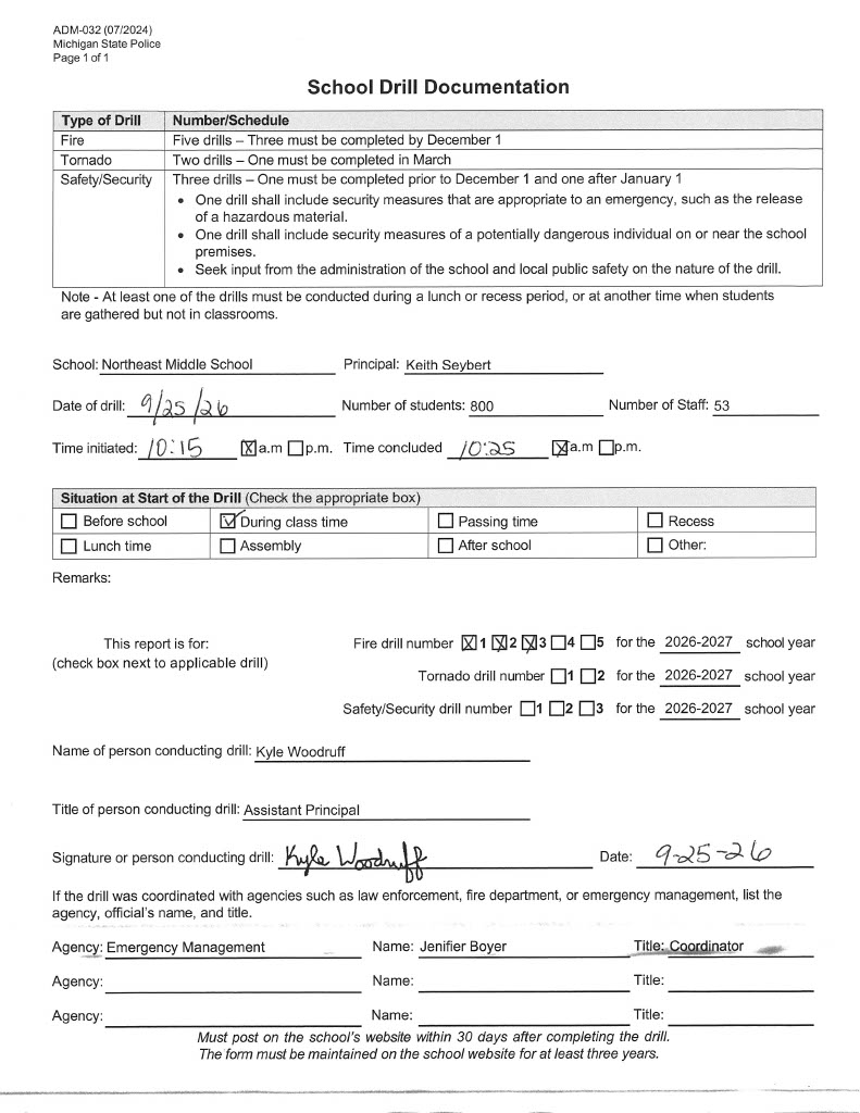 Northeast Middle School fire drill form 2026-2027