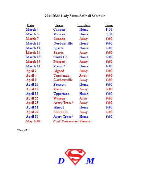 2024 Lady Saints Softball Schedule