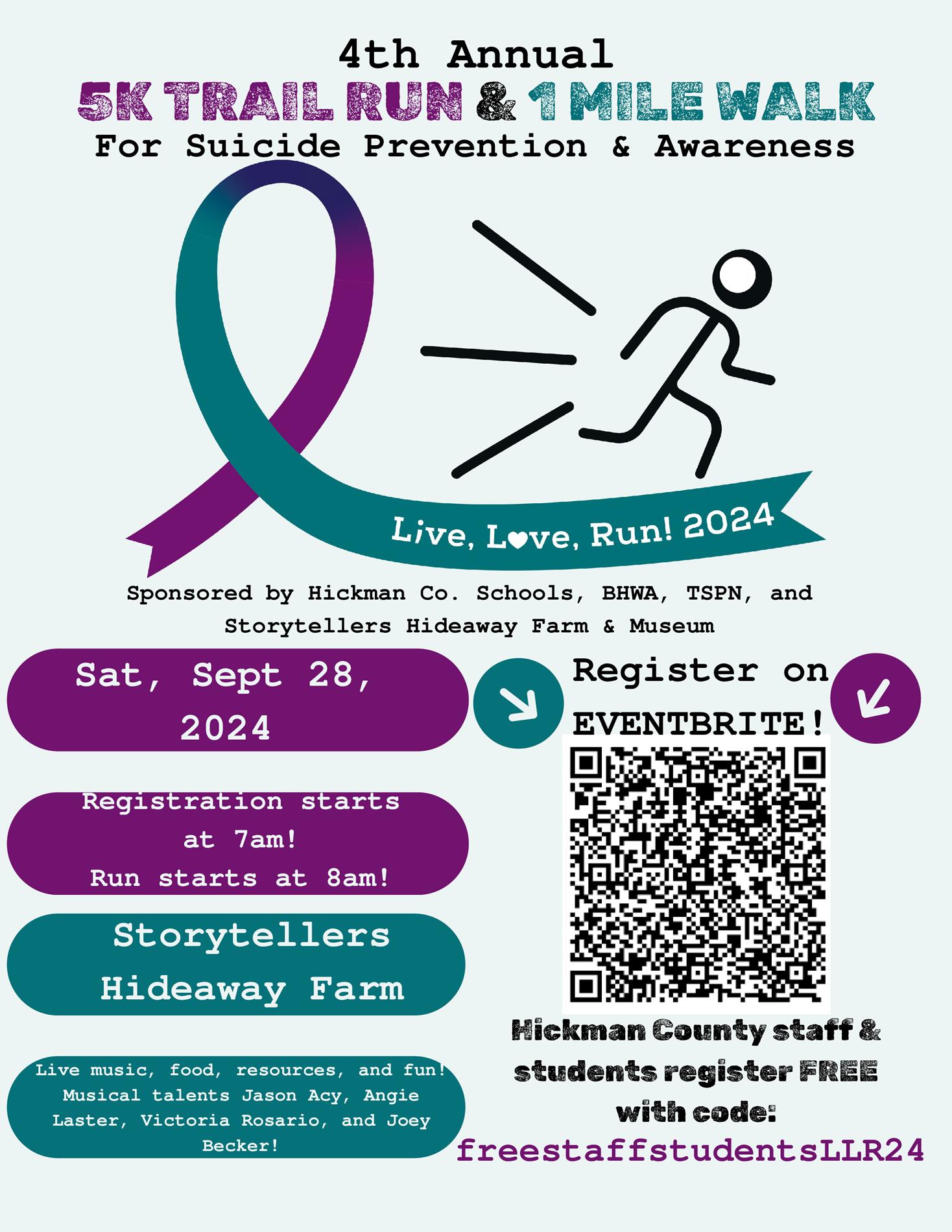 Flyer for L;ive, Love Run 5K Trail Run on September 28, 2024