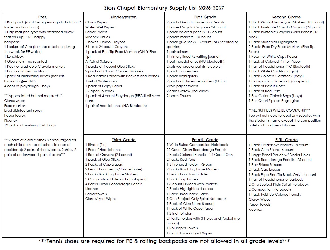 Elementary Supply List