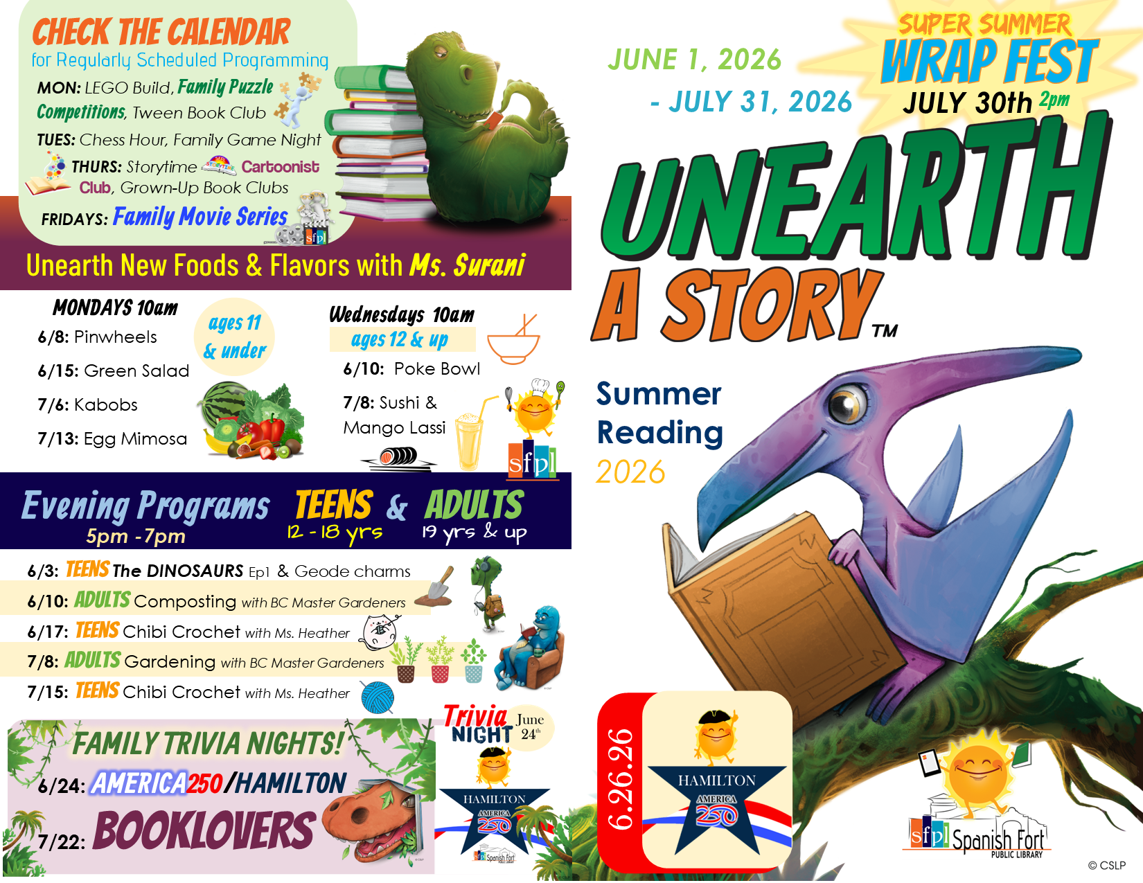 The SFPL summer programming handout is distributed to all Spanish Fort Schools in May and is available upon request at the check out desk in the library. 