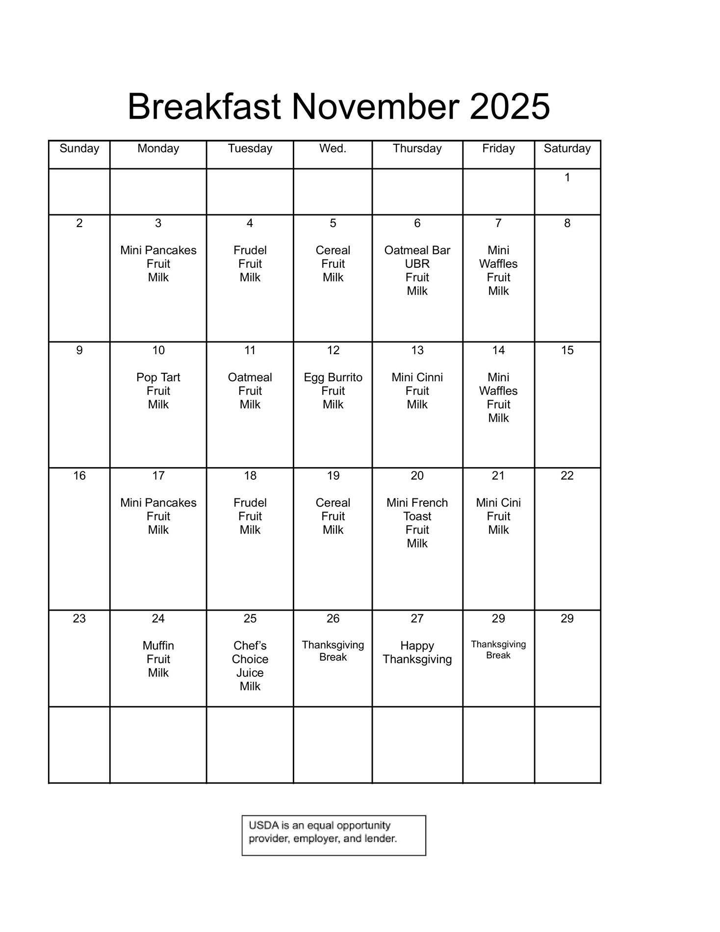 November 2025 breakfast menu