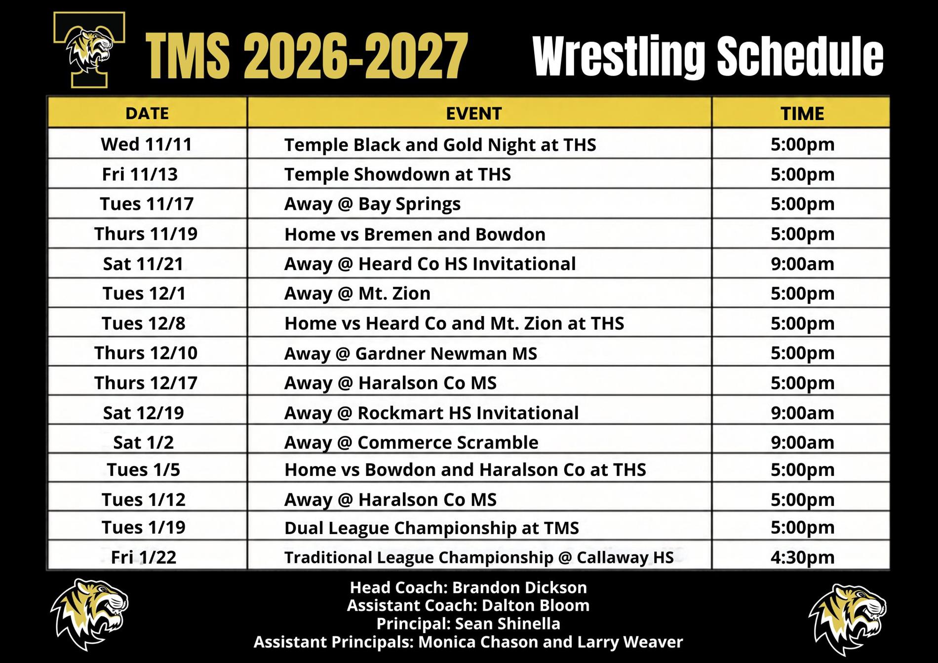 TMS 2026–2027 Wrestling Schedule listing match dates, locations, and times from November 11 through January 22, along with coaching and school administration information.