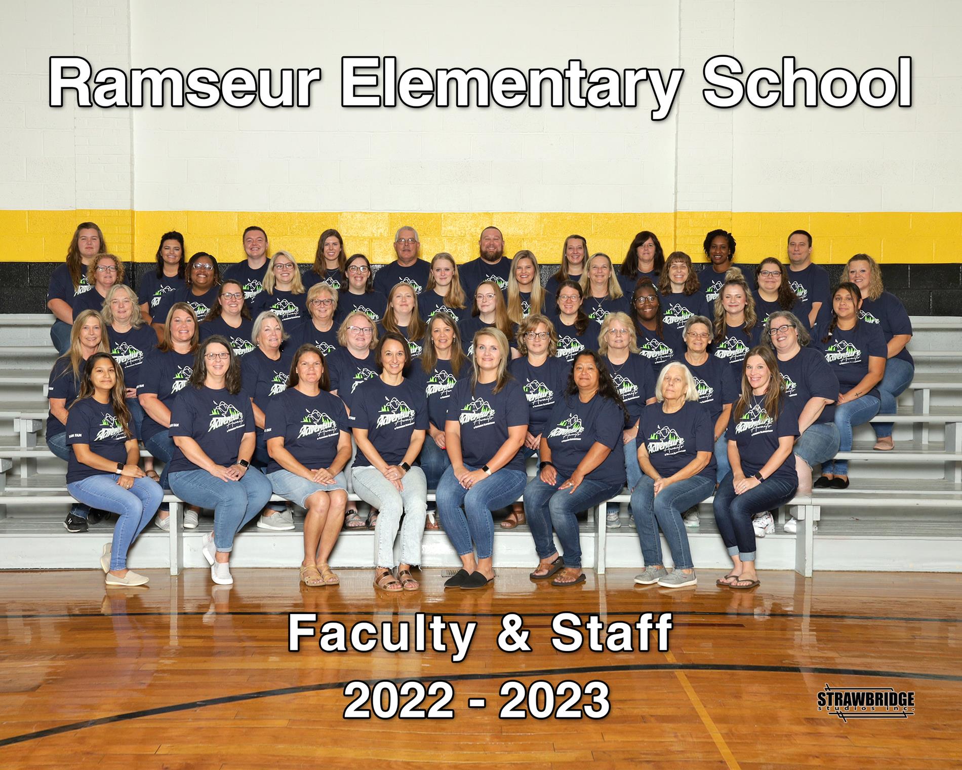 Ramseur Elementary Faculty and Staff Photo for the 22-23 School Year. Staff are wearing an adventure themed shirt