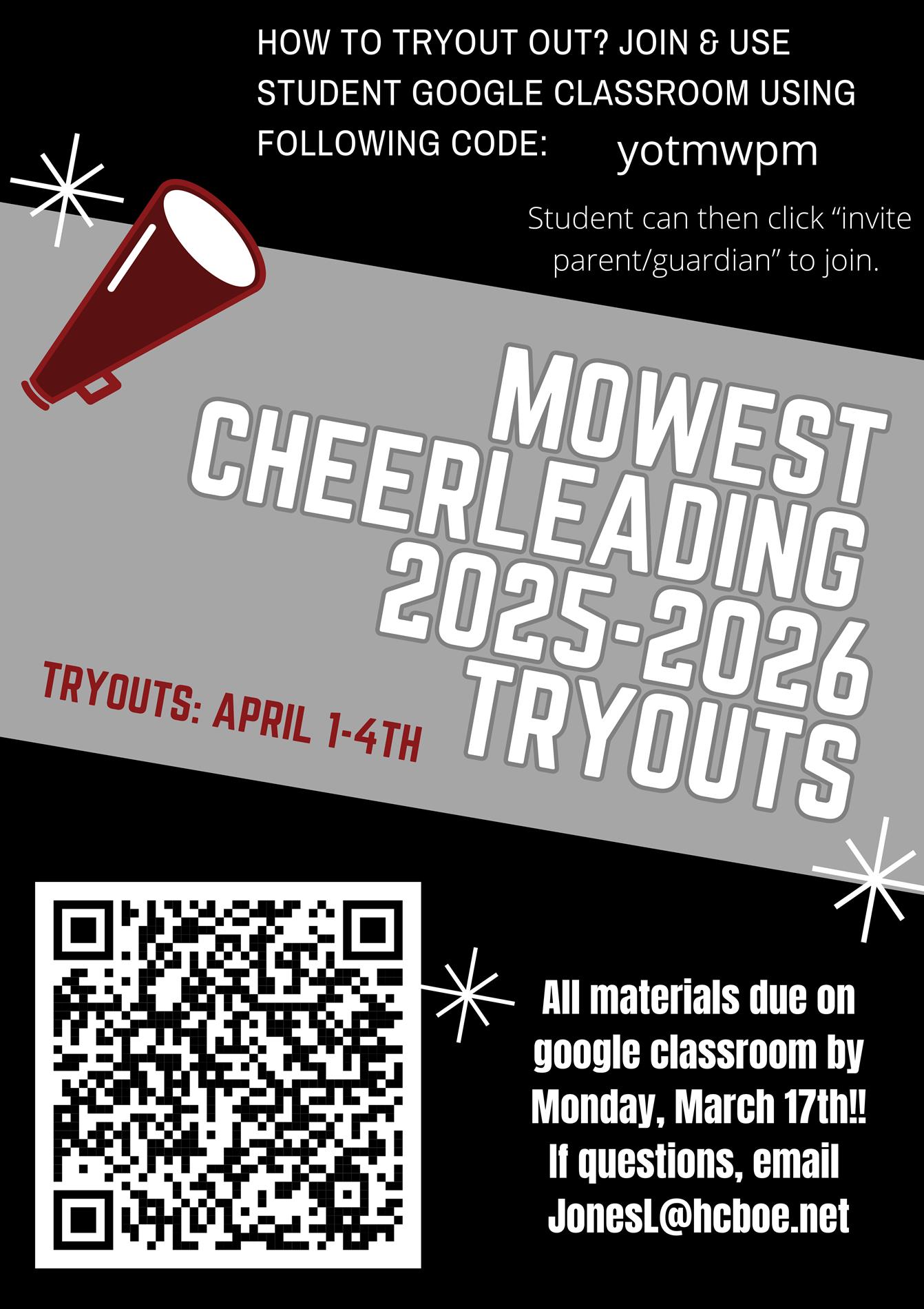 Cheerleading tryouts April 1-4. If questions contact jonesl@hcboe.net.