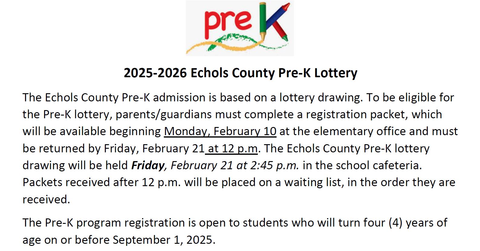 PreK Registration Flyer in English