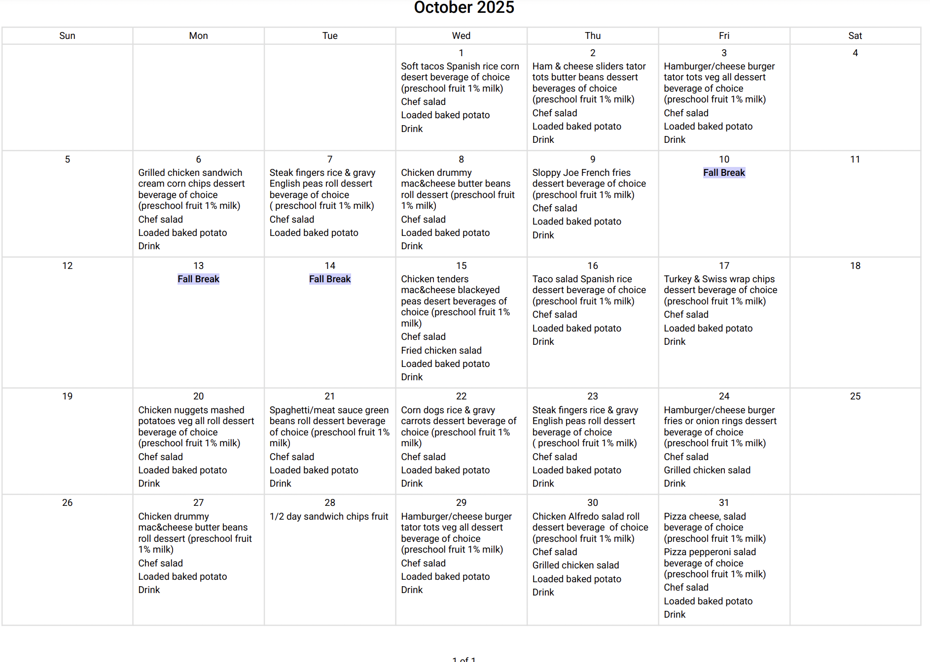 October Menu