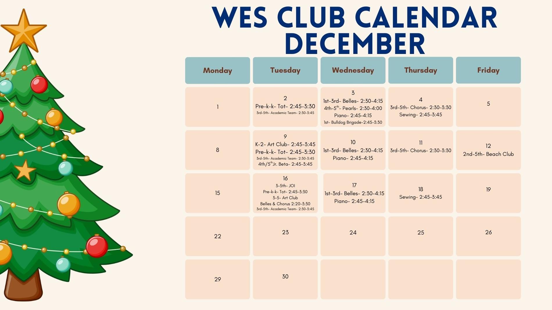 December Club Calendar