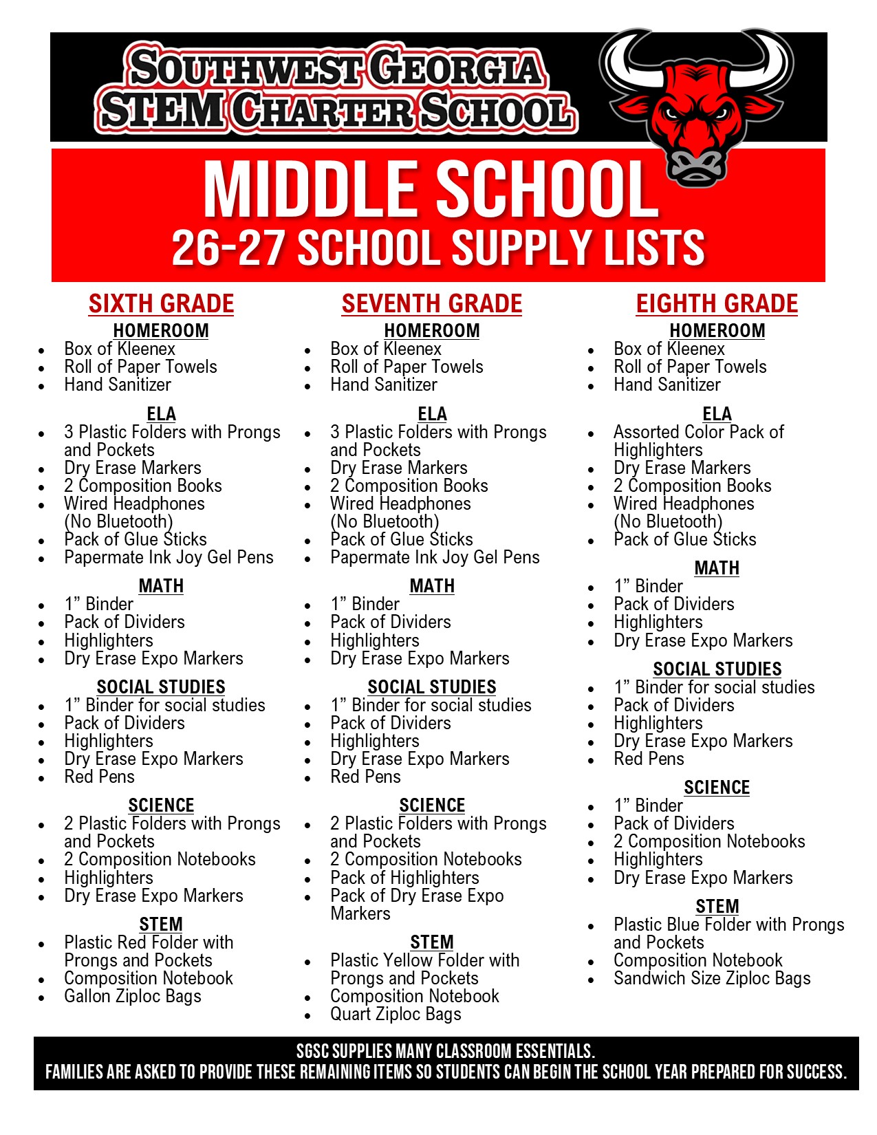 Middle School Supply List