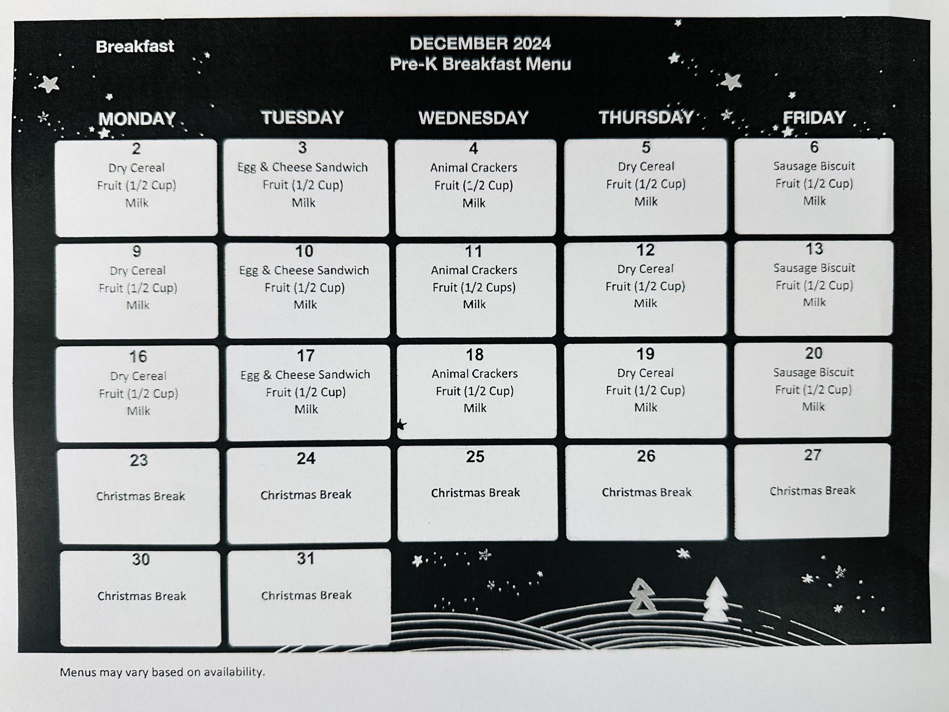 December Breakfast Menu for Pre-K