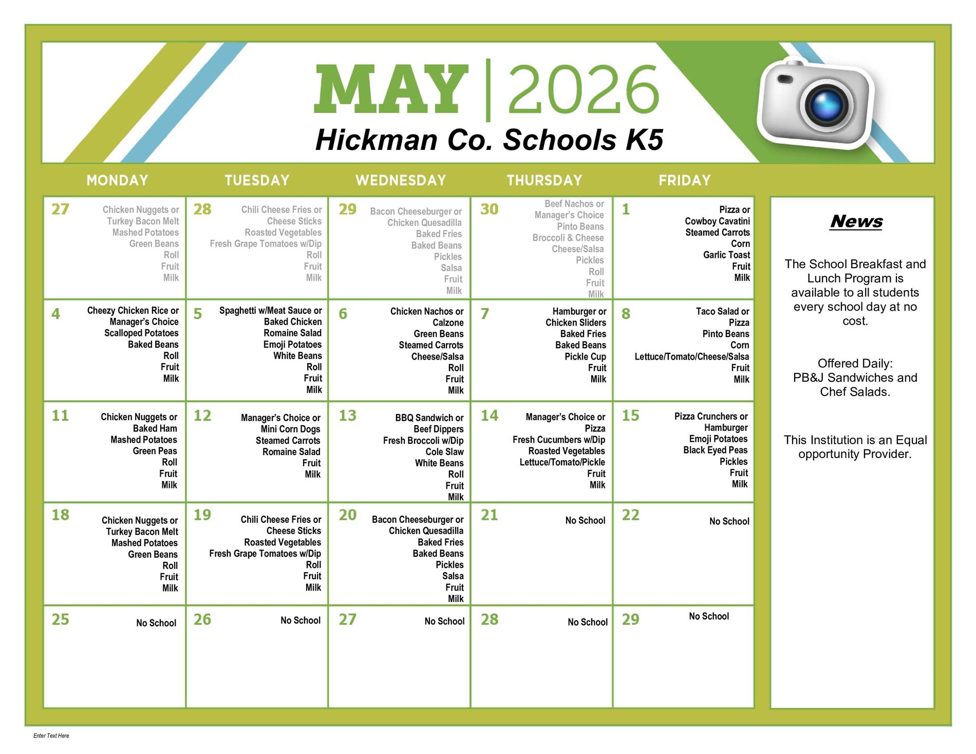 Lunch menus for the elementary & intermediate schools