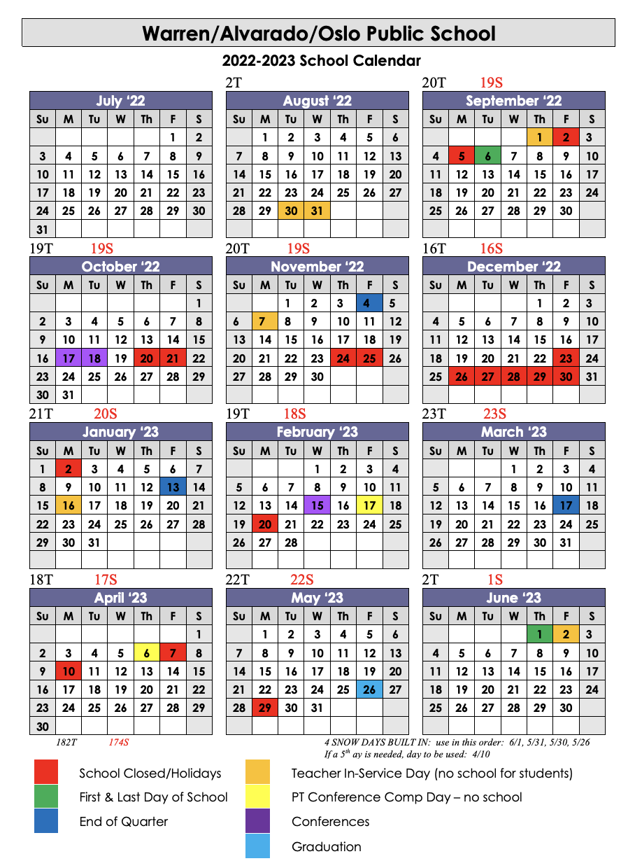 WarrenAlvaradoOslo School District Calendar 2022 and 2023